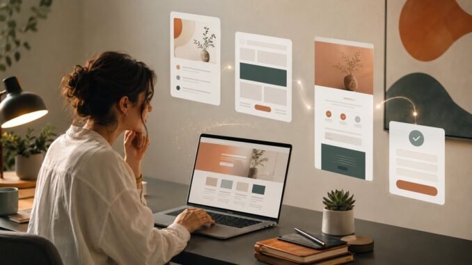Solo entrepreneur using AI-assisted visual cards to assemble a landing page on a laptop in a warm editorial workspace