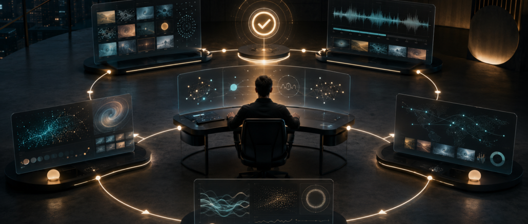 A solo media operator overseeing a circular AI-assisted workflow for research, creation, approval, distribution and analytics.
