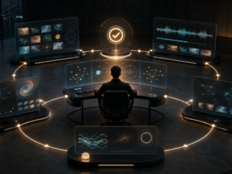 A solo media operator overseeing a circular AI-assisted workflow for research, creation, approval, distribution and analytics.