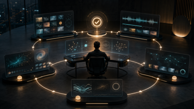 A solo media operator overseeing a circular AI-assisted workflow for research, creation, approval, distribution and analytics.