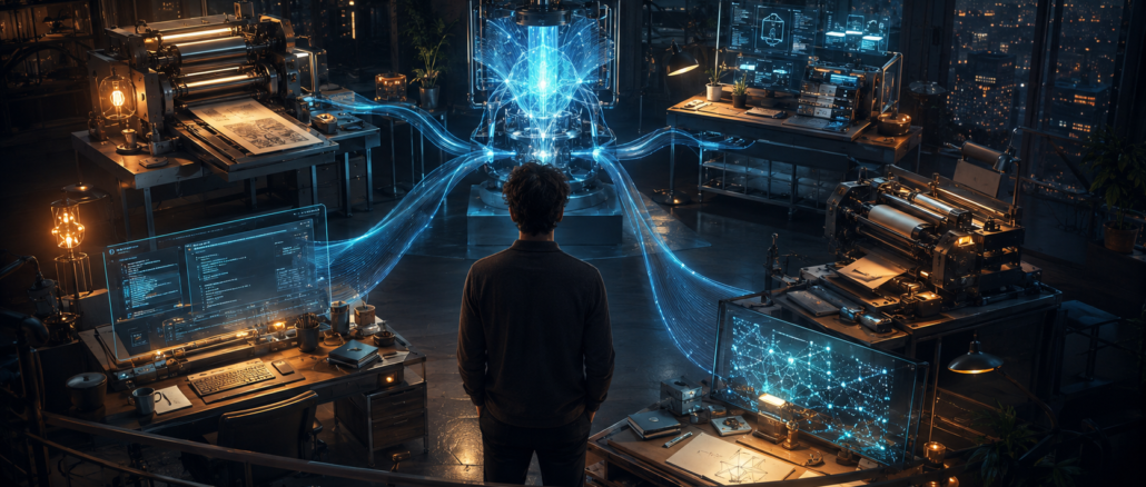 A solo entrepreneur oversees a central AI system connected to five asset-building workstations in a futuristic workshop.