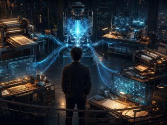 A solo entrepreneur oversees a central AI system connected to five asset-building workstations in a futuristic workshop.