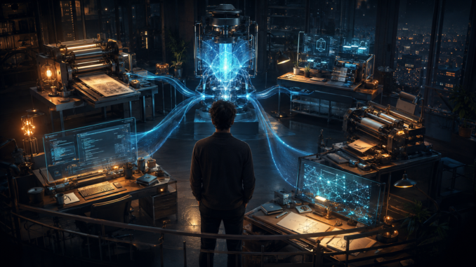 A solo entrepreneur oversees a central AI system connected to five asset-building workstations in a futuristic workshop.