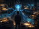 A solo entrepreneur oversees a central AI system connected to five asset-building workstations in a futuristic workshop.