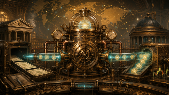 A steampunk financial engine connecting banks and digital tokens across a global network