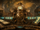 A steampunk financial engine connecting banks and digital tokens across a global network