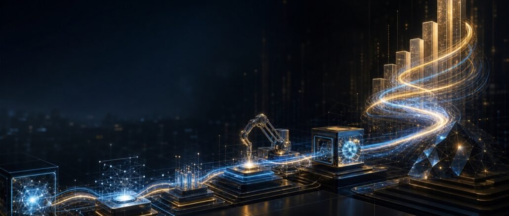 A text-free futuristic AI workflow of connected systems flowing upward into a glowing compounding structure.