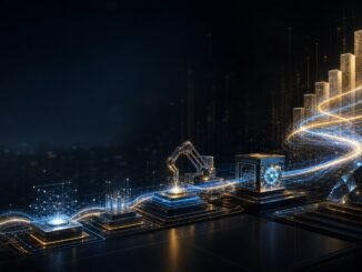 A text-free futuristic AI workflow of connected systems flowing upward into a glowing compounding structure.