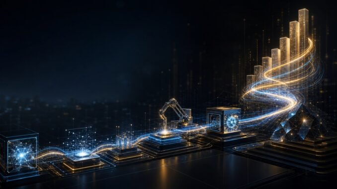A text-free futuristic AI workflow of connected systems flowing upward into a glowing compounding structure.