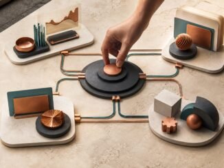 A human hand approving a central control hub connected to four modular AI-assisted business workflows.
