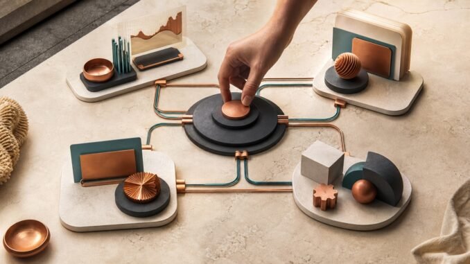 A human hand approving a central control hub connected to four modular AI-assisted business workflows.
