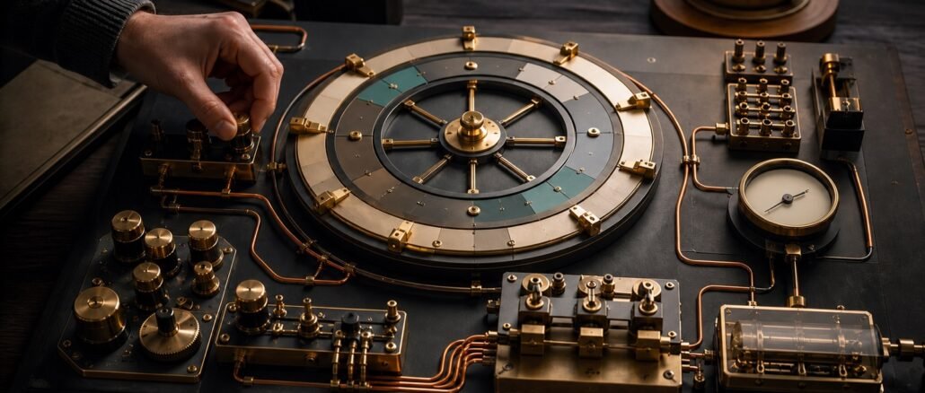 A hand calibrates a wordless brass-and-graphite automation system on a dark workbench.