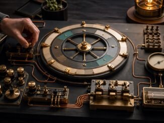 A hand calibrates a wordless brass-and-graphite automation system on a dark workbench.