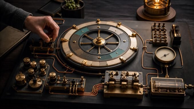A hand calibrates a wordless brass-and-graphite automation system on a dark workbench.