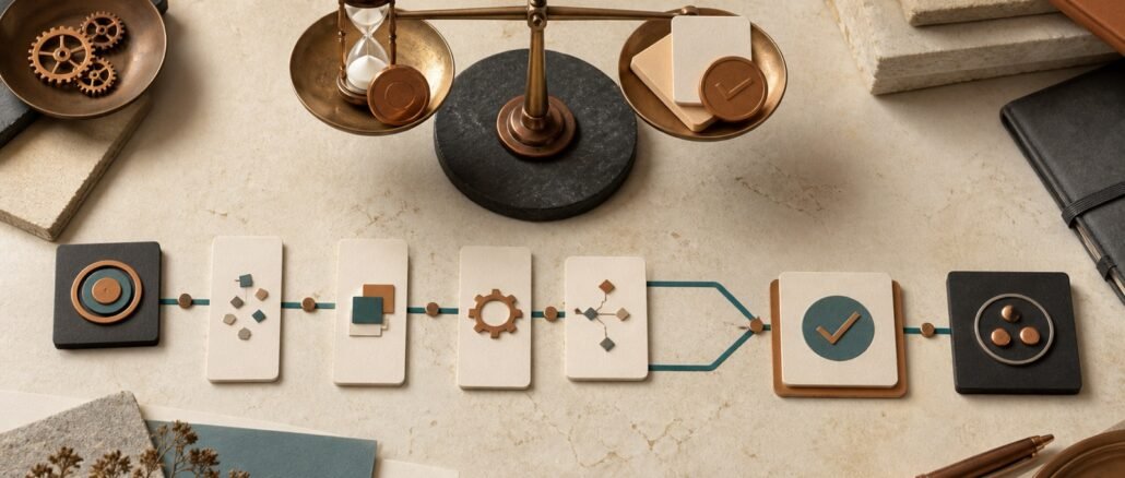 Overhead editorial still life of a balance scale, hourglass, gears and modular workflow cards representing AI automation costs and returns.