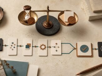 Overhead editorial still life of a balance scale, hourglass, gears and modular workflow cards representing AI automation costs and returns.