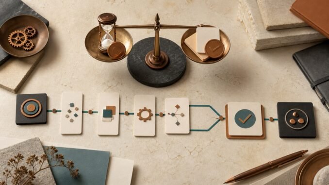 Overhead editorial still life of a balance scale, hourglass, gears and modular workflow cards representing AI automation costs and returns.