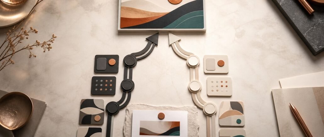 Two parallel AI workflow paths made from tactile cards converge on one finished digital asset on a warm cream workspace.