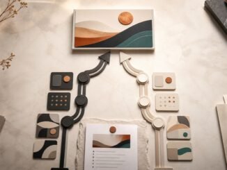 Two parallel AI workflow paths made from tactile cards converge on one finished digital asset on a warm cream workspace.