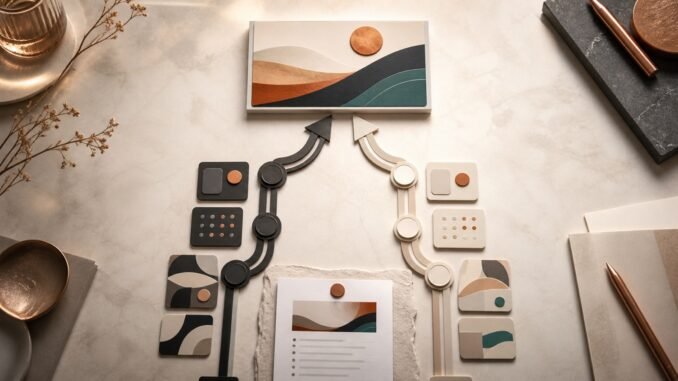 Two parallel AI workflow paths made from tactile cards converge on one finished digital asset on a warm cream workspace.