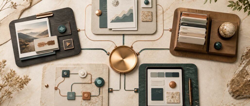 Five modular business workstations connected to a central hub, representing AI-powered service ideas