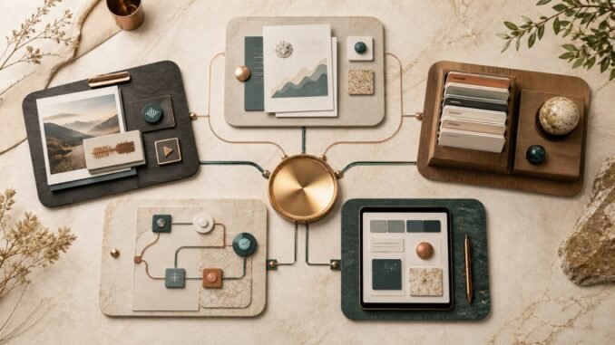 Five modular business workstations connected to a central hub, representing AI-powered service ideas