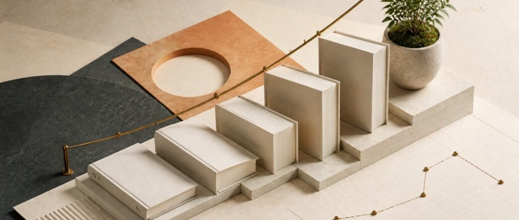 Five blank hardcover books arranged as ascending steps beside a brass growth line and a small green plant.