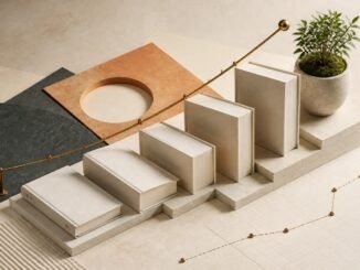 Five blank hardcover books arranged as ascending steps beside a brass growth line and a small green plant.