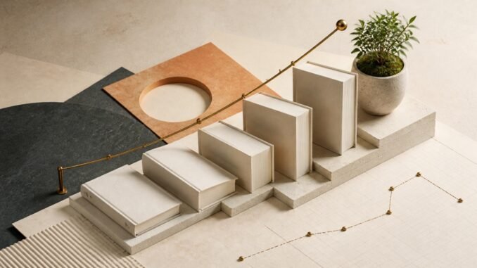 Five blank hardcover books arranged as ascending steps beside a brass growth line and a small green plant.