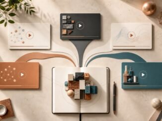 Five abstract video learning paths converging on an open notebook and modular AI project blocks