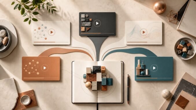 Five abstract video learning paths converging on an open notebook and modular AI project blocks