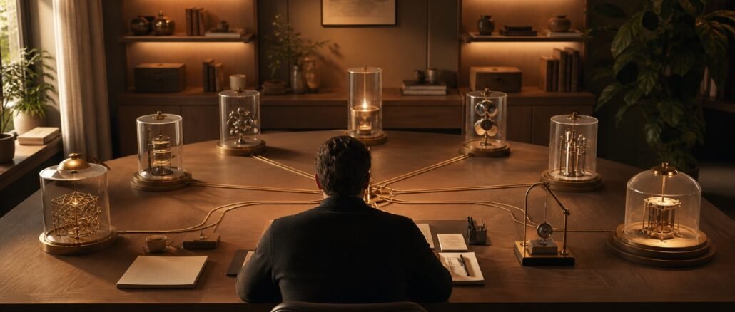 A person managing several specialised instruments connected through an orderly central control system.