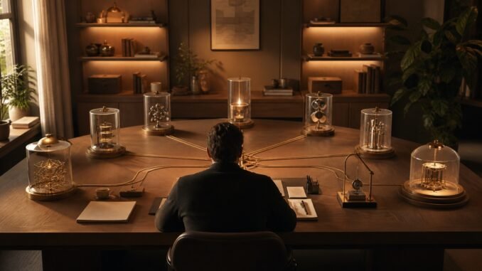 A person managing several specialised instruments connected through an orderly central control system.