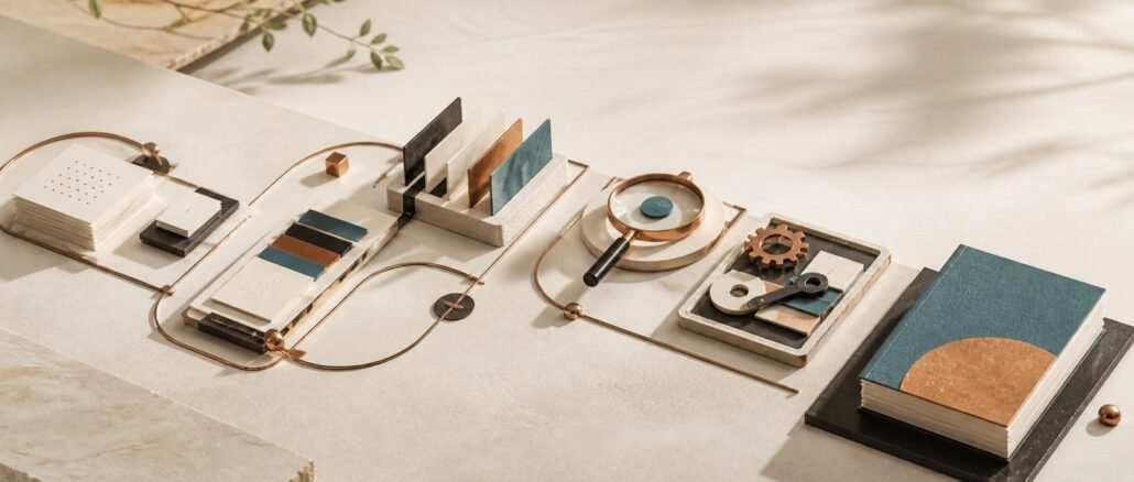 A warm editorial still life showing modular workflow components connected from source materials through review tools to a finished teal-bound deliverable.