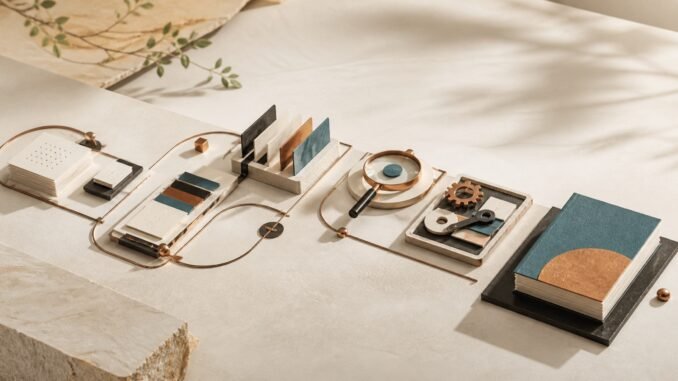 A warm editorial still life showing modular workflow components connected from source materials through review tools to a finished teal-bound deliverable.