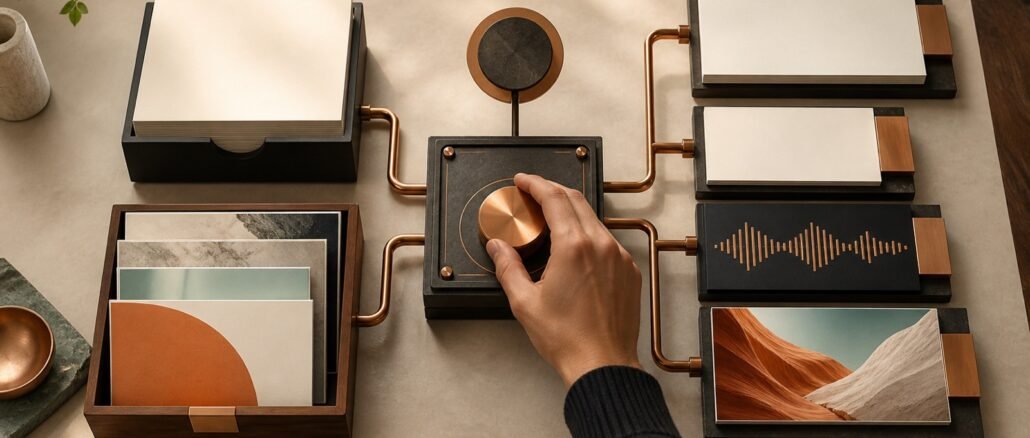 A hand adjusts a copper control in a modular content system that transforms source cards into article, audio and visual assets.