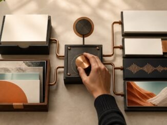 A hand adjusts a copper control in a modular content system that transforms source cards into article, audio and visual assets.