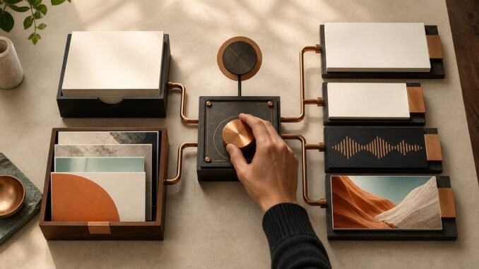 A hand adjusts a copper control in a modular content system that transforms source cards into article, audio and visual assets.