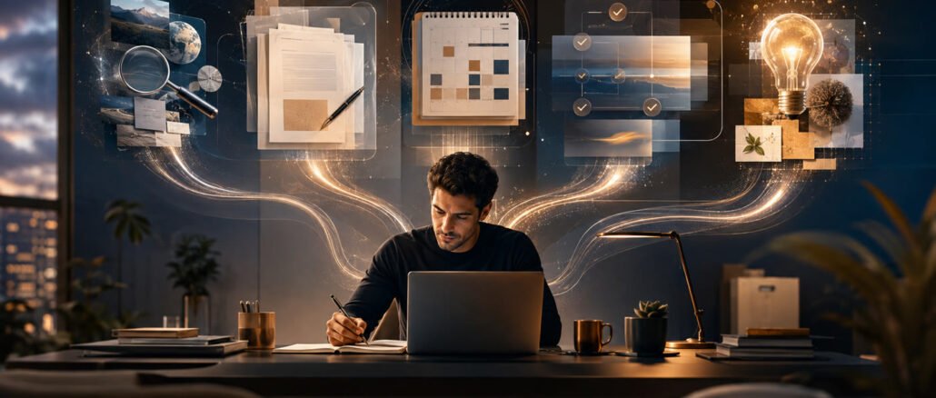 A professional at a desk surrounded by five connected visual pathways representing AI-assisted research, writing, planning, automation, and learning.