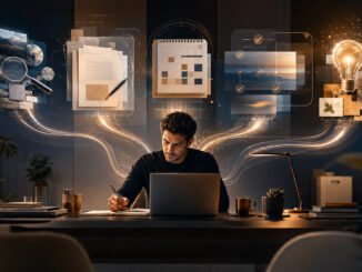 A professional at a desk surrounded by five connected visual pathways representing AI-assisted research, writing, planning, automation, and learning.