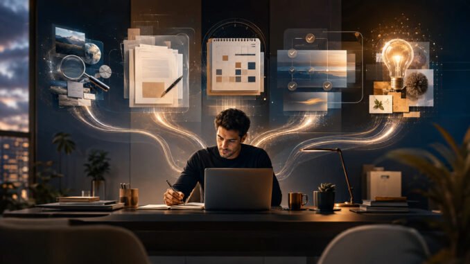 A professional at a desk surrounded by five connected visual pathways representing AI-assisted research, writing, planning, automation, and learning.