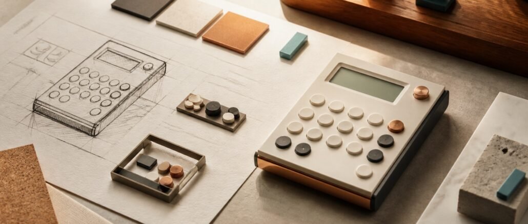 A handcrafted calculator beside a sketched plan and modular components on a warm editorial workbench
