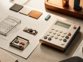 A handcrafted calculator beside a sketched plan and modular components on a warm editorial workbench