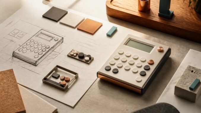 A handcrafted calculator beside a sketched plan and modular components on a warm editorial workbench