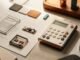 A handcrafted calculator beside a sketched plan and modular components on a warm editorial workbench