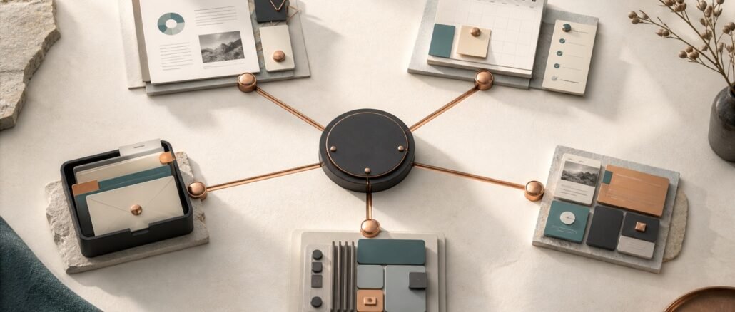 An overhead editorial still life showing a central AI hub connected to five distinct workstations for research, planning, content, software and communication.