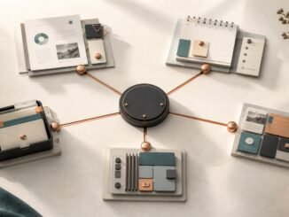 An overhead editorial still life showing a central AI hub connected to five distinct workstations for research, planning, content, software and communication.