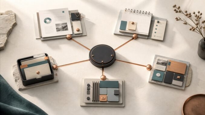 An overhead editorial still life showing a central AI hub connected to five distinct workstations for research, planning, content, software and communication.