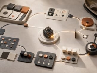 Abstract AI agent core moving through a warm editorial feedback loop of tools, tests and checkpoints.