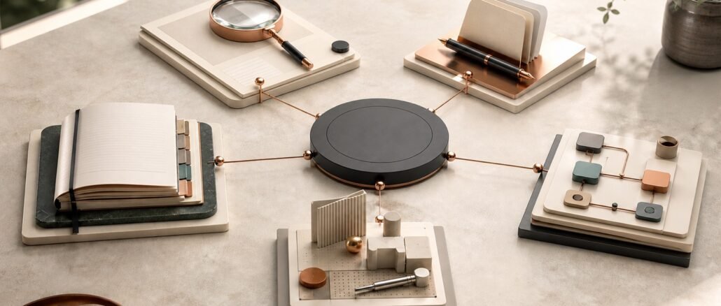 Five modular work tools connected to a central hub on a warm stone table, representing a practical AI operating system.